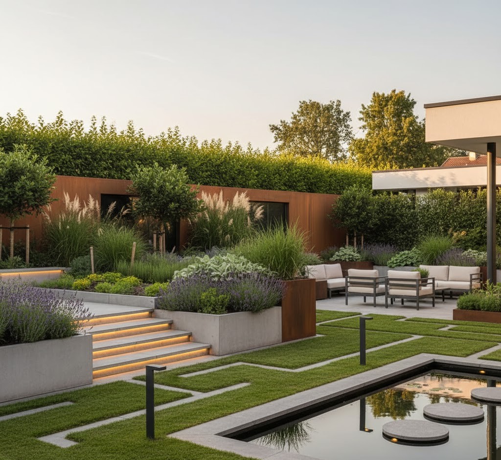 Modern landscaped garden with functional decor